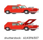 Retro red muscle car with open and close hood, auto tuning 3d flat vector illustration