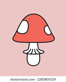 Retro red mushroom concept. Red plant with white dots. Fly agaric, danger and symbol of witches and sorcery. Vintage social media sticker. Cartoon flat vector illustration