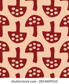 Retro Red Mushroom Seamless Pattern with Abstract Hand Drawn Fungi on Peach Background