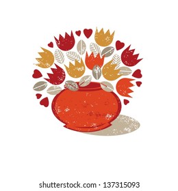 retro red orange yellow tulips with beige leaves and red hearts in orange vase on white background spring summer blossom celebration card centerpiece