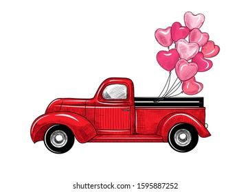 Retro red pickup truck with balloons. Vector vintage illustration. Color sketch.
