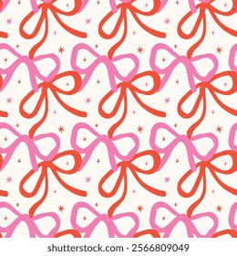 Retro Red and Pink Squiggle Bows Seamless Pattern Wavy Hand Drawn isolated on background