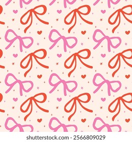 Retro Red and Pink Wavy Bows Seamless Pattern Hand Drawn isolated on backgroud