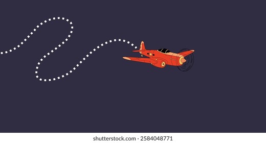 Retro red plane soaring through dark blue, leaving dotted trail. Classic design, propeller, evokes nostalgia, adventure.