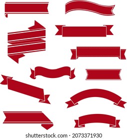 Retro Red Ribbon Set Isolated White Background, Vector Illustration