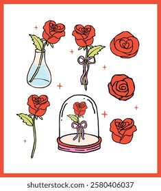 Retro Red Rose Collection Hand Drawn Outline with Bold Line Vintage Floral Art