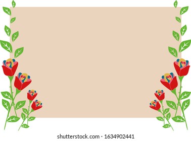 Retro red rose flowers and leaves.  Vertical frame with space for type.