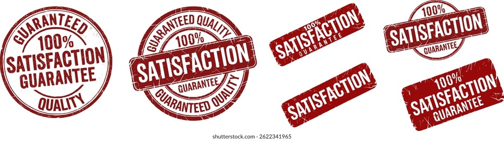 Retro Red Rubber Stamp Vector Set – Guaranteed Quality , 100% Satisfaction Guarantee – Distressed Vintage Badge Icons, Bold Imprint Labels, Realistic Ink Effects, Circular Seal Design Elements
