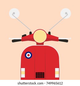 Retro red scooter illustration front view, flat style, pastel colour, vector