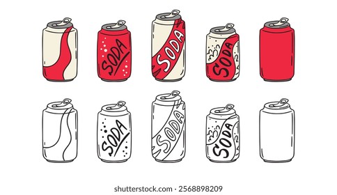 Retro red soda aluminium can icon. soda can doodle hand drawn icon. Outline drawing soda can line clipart symbol. Vector illustration