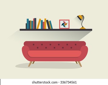 Retro rotes Sofa und Bücherregal mit Lampe. Flaches design, Vektorgrafik.