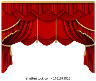 Retro red stage curtain. Realistic luxury silk curtains, theater scene interior drapery decoration, portiere drapes isolated vector illustration. Premiere ceremony, cinema portiere entertainment