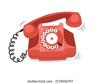 Retro red telephone with rotary dial disc calling. Old historical phone. Vector illustration isolated on white background