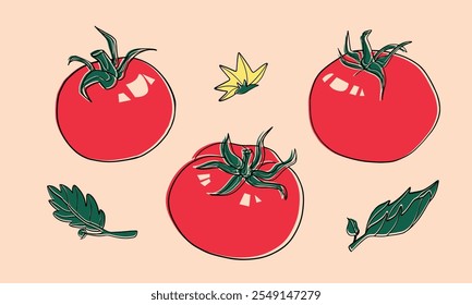 Tomate vermelho retrô. Ilustração vetorial no efeito de impressão linocut ou riso. Ilustração estilo vintage.