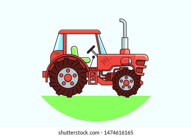 Retro red tractor in a flat style isolated on white background. Heavy agricultural machinery for field work.