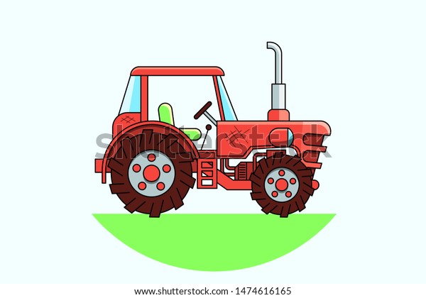 Retro red tractor\
in a flat style isolated on white background. Heavy agricultural\
machinery for field\
work.
