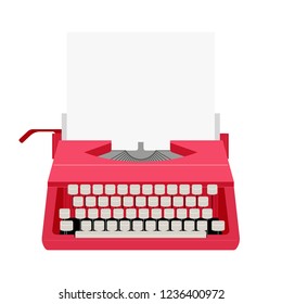 Retro red typewriter. Blank sheet of paper. Stylish vector isolated.