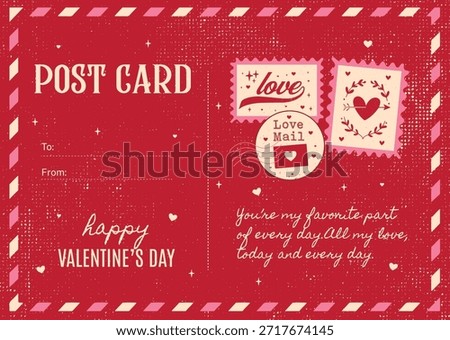 Retro red Valentine's Day postcard template with airmail border and "Love Mail" stamp illustrations