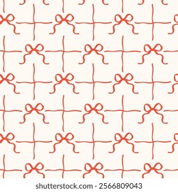Retro Red Wavy Bows Seamless Pattern Squiggle Hand Drawn isolated on background
