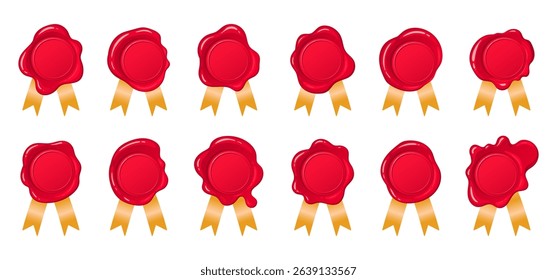 Retro red wax seal elements. Wax postal seals, vintage paraffin stamps with golden silk ribbons flat vector illustration set. Cartoon wax seal collection