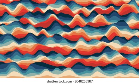 Retro reddish stripes colorful distorted backdrop. Procedural ripple background with optical illusion effect