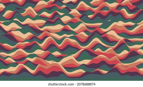 Retro reddish stripes colorful distorted backdrop. Procedural ripple background with optical illusion effect