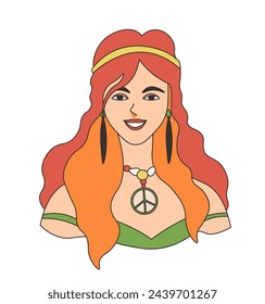 Retro pelirroja hippie niña ilustración vectorial, aislado en blanco, capturando el espíritu libre de los años 60 para la moda y los diseños culturales.