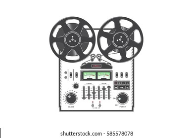 Retro reel to reel tape recorder deck. Detailed elements. Old retro vintage player icon. Flat vector illustration