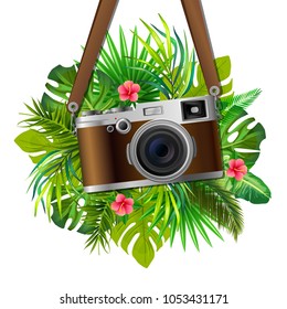 Retro Reflex Camera on Tropical Leaves Background. Vector Illustration. Realistic Style. Print Decorative Design for Travel Agences, Safari Excurtions,  Shops, Web, Photo Labs, Photo Atelier.