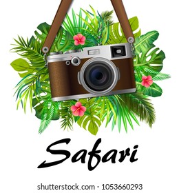 Retro Reflex Camera on Tropical Leaves Background. Vector Illustration. Realistic Style. Print Decorative Design for Travel Agences, Safari Excurtions,  Shops, Web, Photo Labs, Photo Atelier.