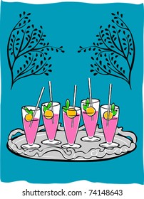 Retro Refreshing Tray of Pink Lemonade Drinks Vector Illustration