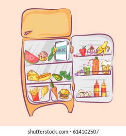 Retro refrigerator with different food. Comic cartoon style vector illustration