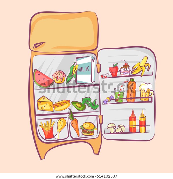 Retro Refrigerator Different Food Comic Cartoon Stock Vektorgrafik Lizenzfrei