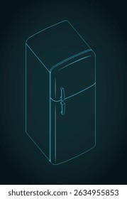 Retro refrigerator isometric blueprint stylized vector illustration