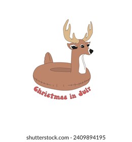 Retro reindeer swim ring Xmas pool party vector illustration isolated on white. Christmas in July phrase. Groovy tropical summer Christmas print.