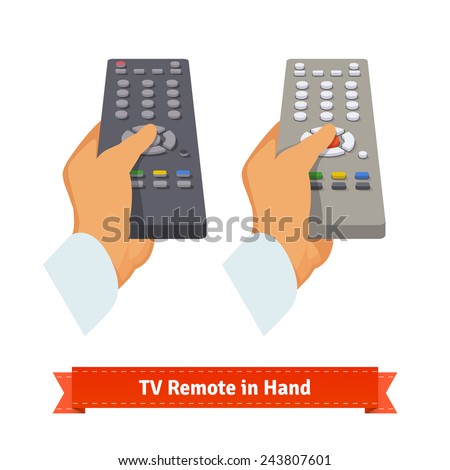 Retro remote control in hand. Flat style illustration.