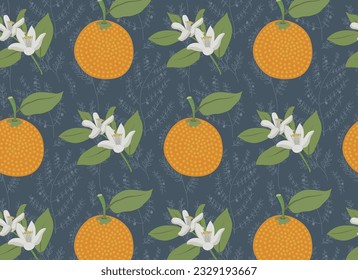 Retro repeat orange fruit background with flowering branches on delicate dark blue textured field. Whimsical old-fashioned tileable vector plant pattern.