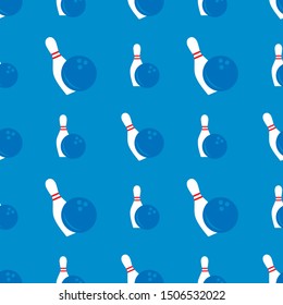 Retro repeat seamless pattern with bawling balls and pins on the blue background. Usable for cards, banners, textile, wrapping paper. Vector illustration
