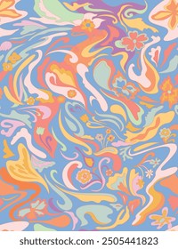 Retro resort wavy psychedelic abstract floral print
Seamless floral psychedelic hippie pattern. Vector nostalgic retro flowers, 60s groovy print. 70s background. Textile and surface design with vintag