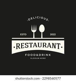 Retro restaurant emblem.Cutlery logo design and hand drawn vintage style restaurant typography.