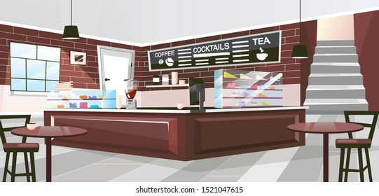 Retro restaurant inside flat vector illustration. Vintage wooden furniture in spacious hall. Brown counter with coffee machine, glass showcases. Cartoon cafe interior with chalk board for drinks menu