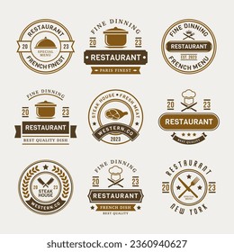 Colección de plantillas de diseño de logotipos de restaurante retro. Conjunto de elementos de diseño vectorial del logotipo de ornamento del restaurante