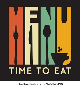 Retro restaurant menu card. Vector illustration for stylish design. Card template on black background. Knife, fork, spoon and cup icons.