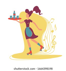 Retro restaurant serving 2D vector web banner, poster. Old fashioned cool roller waitress holding tray in hand flat characters on cartoon background. Printable patches, colorful web elements