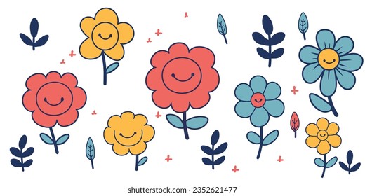 Retro Revival: Hand-Drawn Daisy Flowers in Vintage Cartoon Style for Kids' Cute Decor