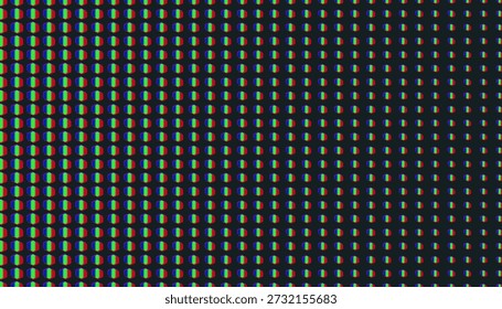 Textura de tela RGB retro. Padrão pixelado com pontos LED vermelhos, verdes e azuis, exibição macro de TV analógica, fundo vetorial de ruído digital para design tecnológico e gráficos modernos