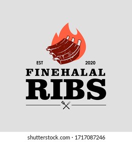 Retro Rib Logo BBQ Meat Grunge Label or Roasted Cook Food and Beverage Poster Template Idea