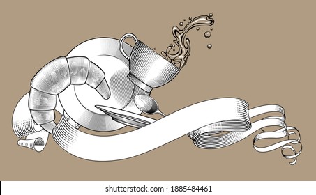 Retro ribbon banner with falling coffee cup, spilling water, saucer, plate, spoon and bagel. Vintage stylized drawing. Vector illustration