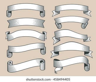 Banderas de cinta retro en vectores de estilo grabado a mano.