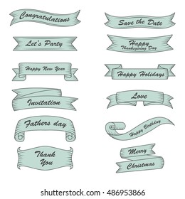 Retro ribbon banners set with with words Congratulations, Happy Birthday, Save the Date, Happy Holidays and other. Decorative design elements collection.